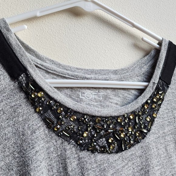 LOFT Gray Short Sleeve Jersey With Jeweled Neckline Size Small - Picture 9 of 15